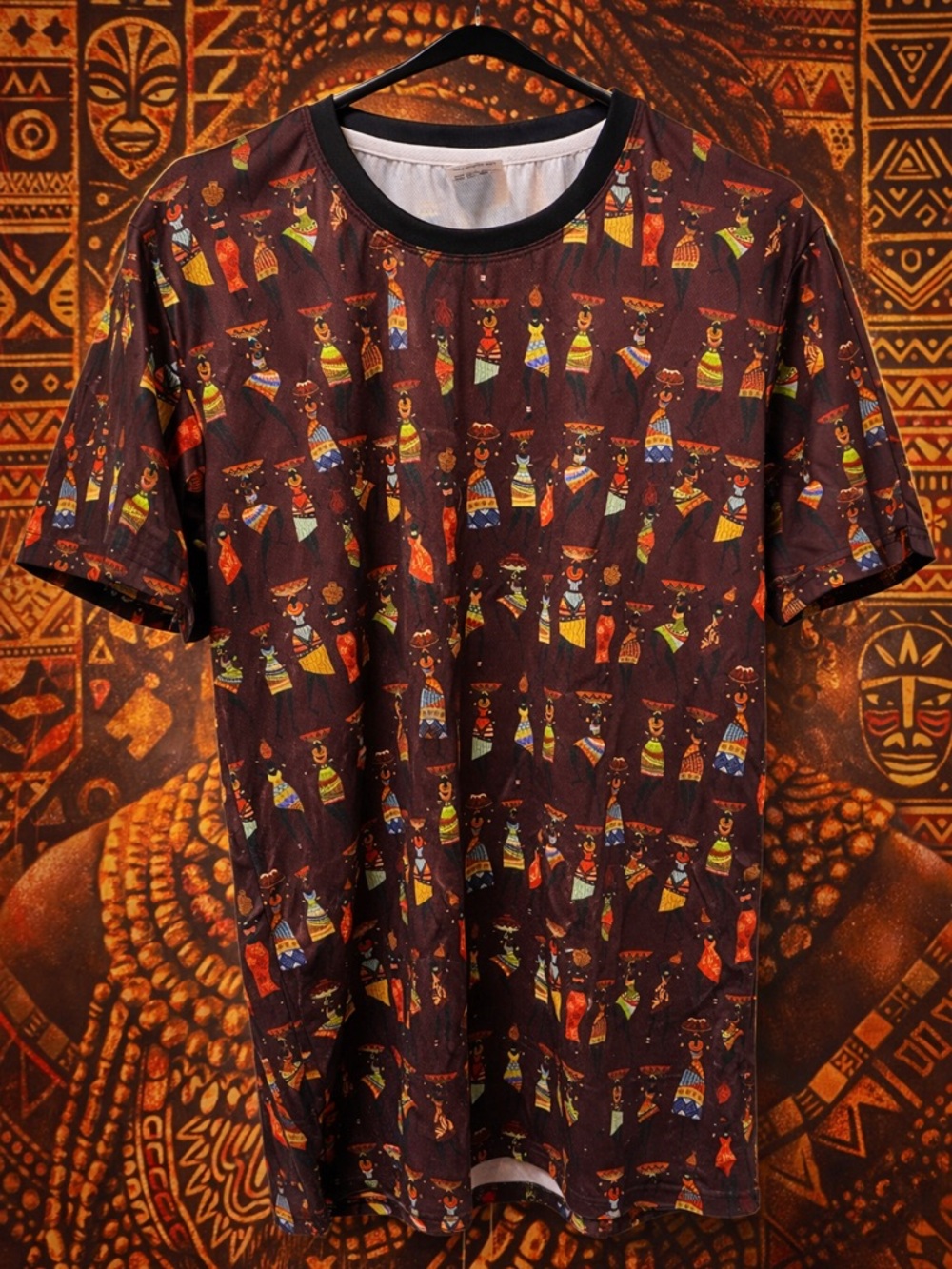 Women's Cowcow Brown Patterned Blouse with Multicolor Tribal Motif Size Large